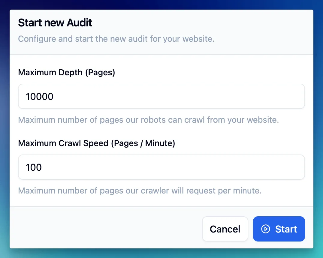 Screenshot of New Audit Configuration